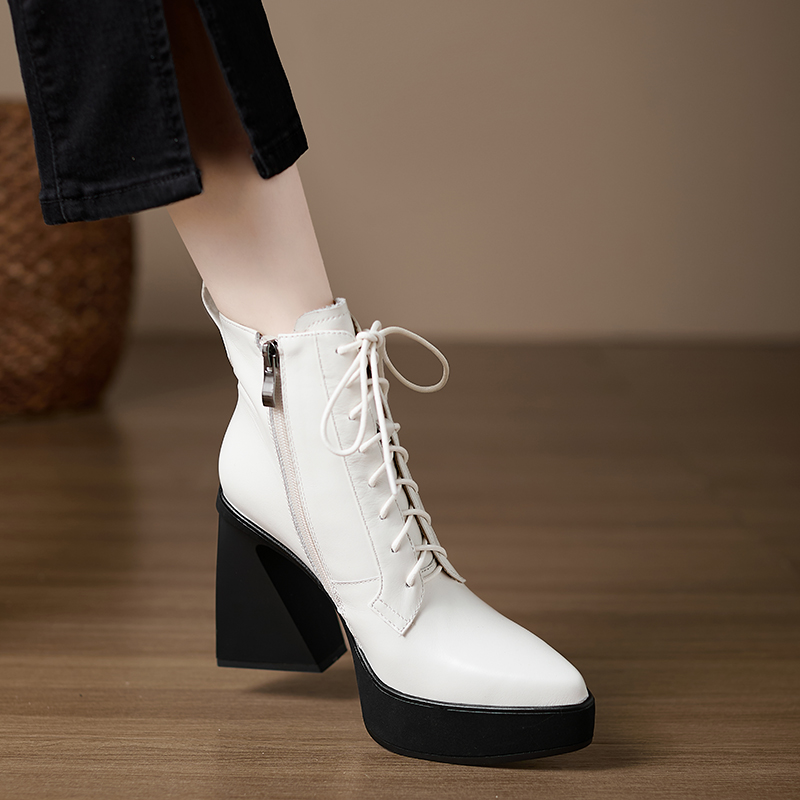 小个子手工女鞋10.3cm~秋冬厚底防水台高跟短靴女尖头粗跟马丁靴