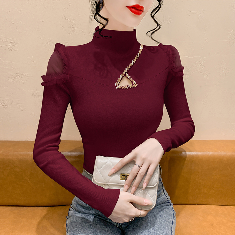 性感镂空钉珠半高领毛衣女秋冬季修身时尚网纱拼接长袖针织衫