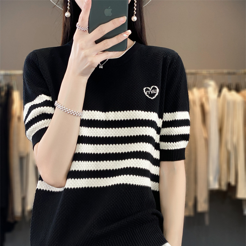 撞色条纹短袖针织衫女夏季韩版时尚洋气显瘦减龄彩条撞色短袖恤