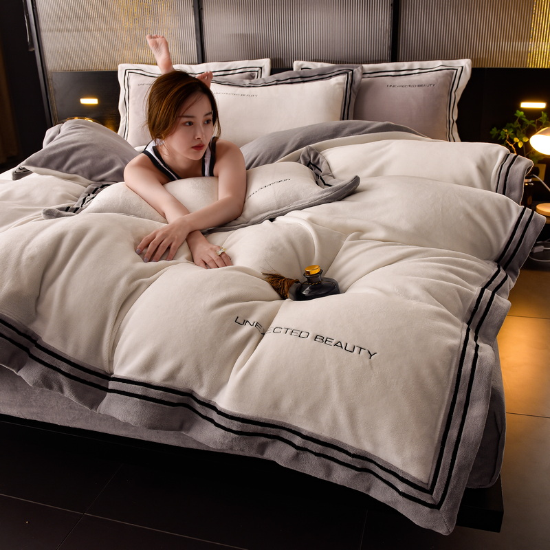 富安娜冬季保暖A类牛奶绒四件套双面加厚珊瑚绒被套加绒床上用品4