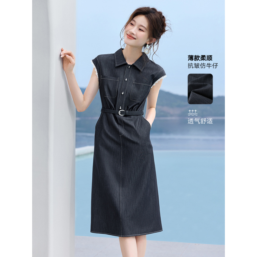 蓝调时光”裙子25夏季新款休闲蕾丝拼接腰带收腰连衣裙显瘦透气