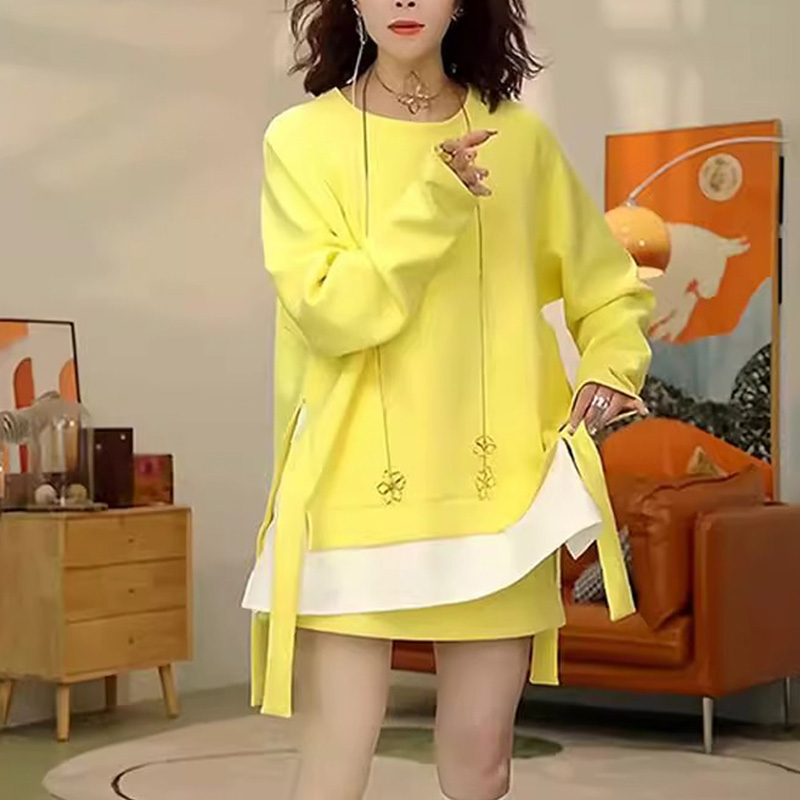 时尚假两件拼色圆领卫衣女秋季新款设计感休闲外套不规则下摆上衣