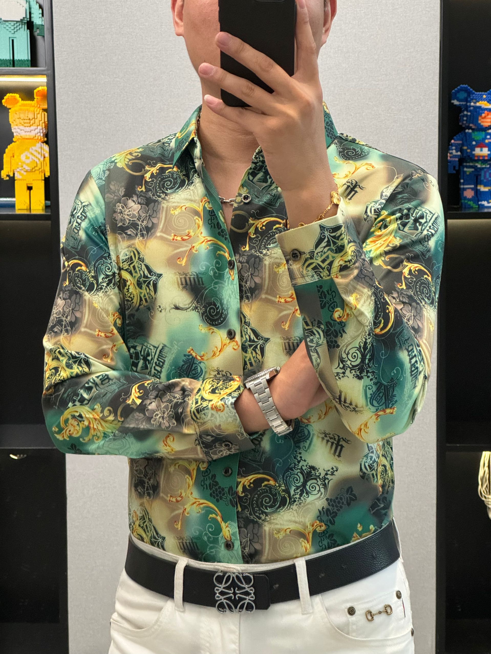 新款秋季免熨烫抗皱无缝男士高端大气商务休闲桑蚕丝印花长袖衬衫