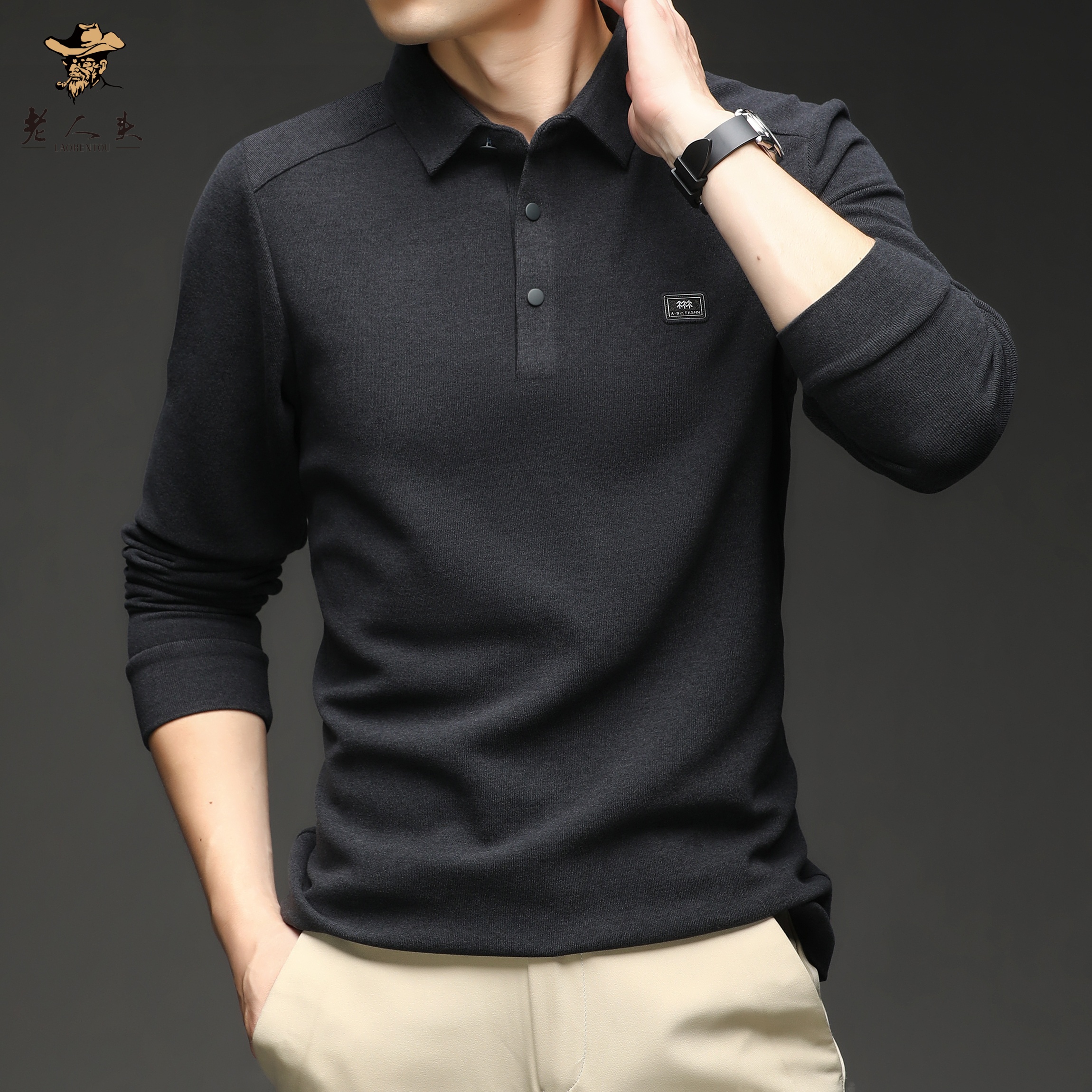 8801德绒加厚长袖秋季男休闲Polo衫潮流百搭纯色商务时尚翻领