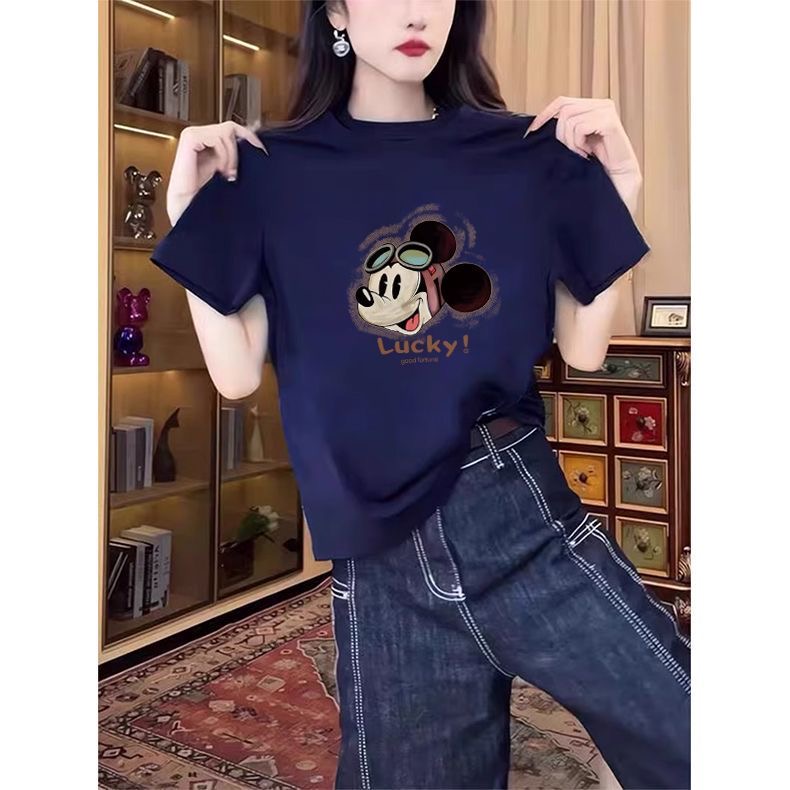 正肩纯棉短袖t恤女装2025新款时尚百搭洋气藏青色薄款上衣夏季潮
