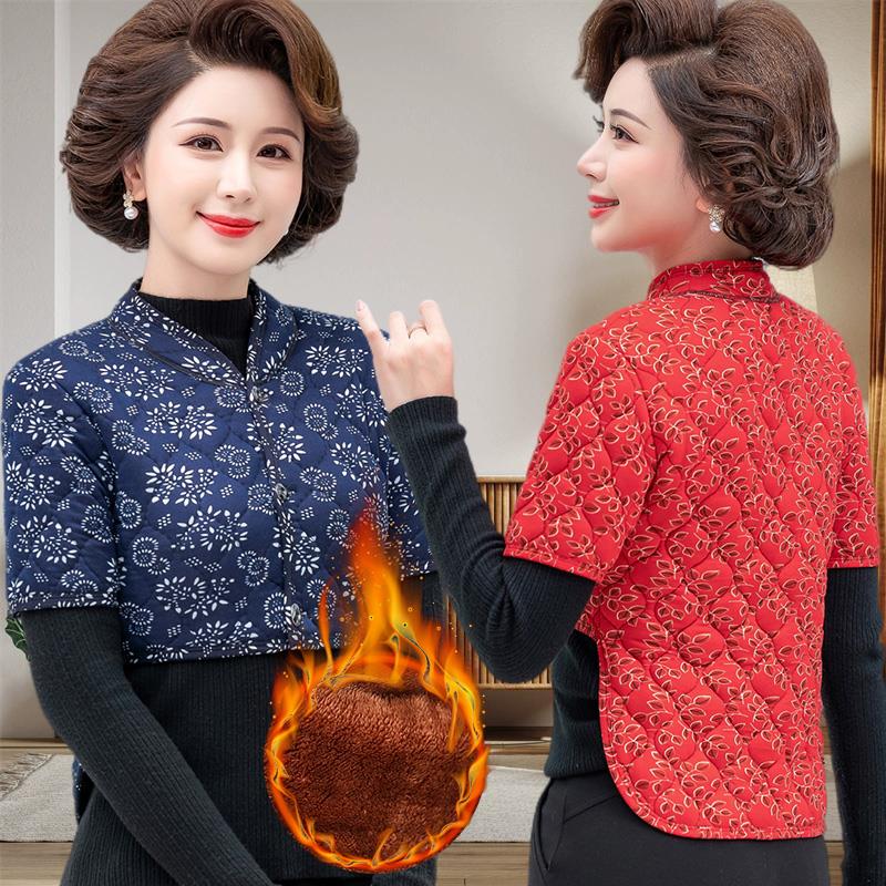 中老年女妈妈护背小棉衣秋冬季加绒长袖丝绒防寒加厚护肩护腰保暖