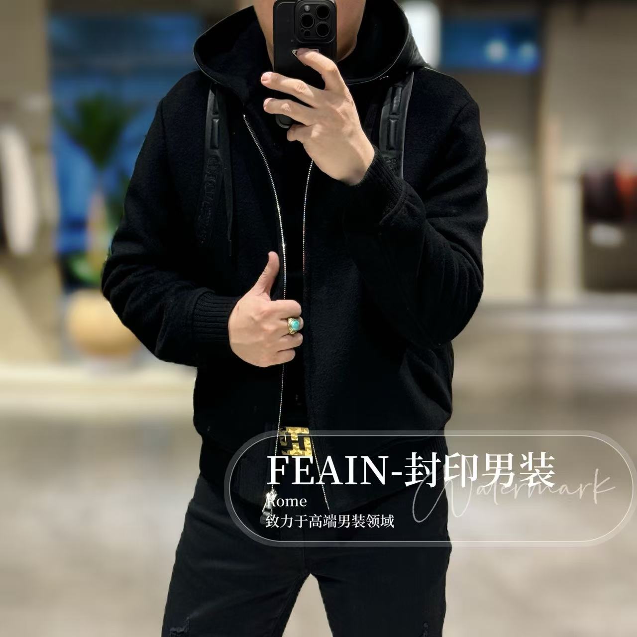 【真皮羊毛】高端定制真皮拼接连帽可拆卸夹克88779-2