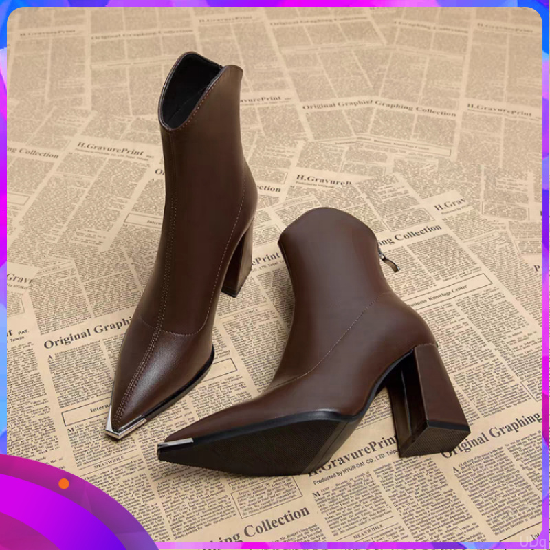 2025新款尖头粗高跟短靴女秋冬加绒马丁靴小个子法式小踝靴瘦瘦靴