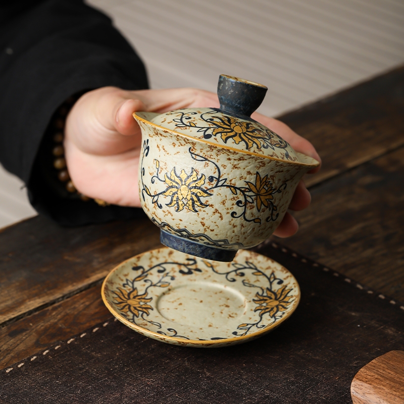 青花火石红三才盖碗陶瓷茶杯家用大号单个高档中式古风带盖泡茶碗