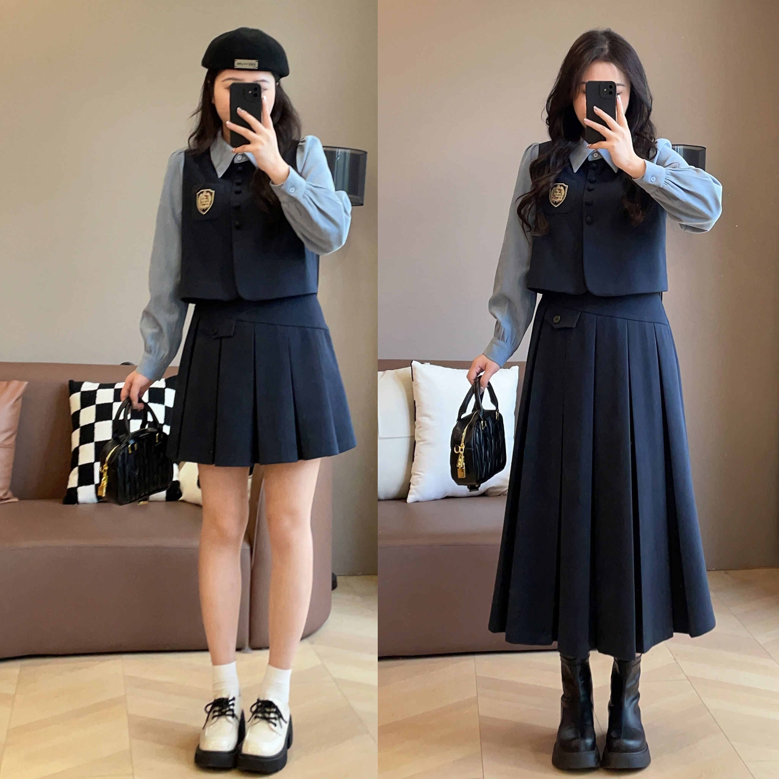 大萌萌 学院风减龄毛呢假两件上衣百褶裙秋冬显瘦套装 P225A17450