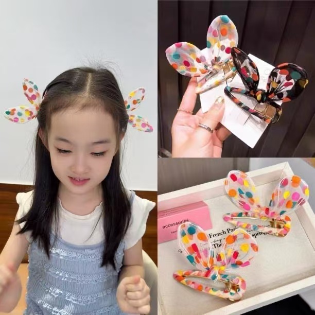 【JD】彩色波点兔耳发夹ins日韩国可爱刘海夹网纱少女侧边夹子发饰