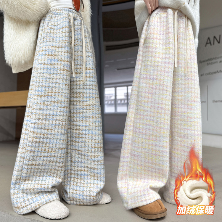女童千鸟格一体绒阔腿裤2025新款儿童秋冬加绒加厚休闲慵懒风长裤