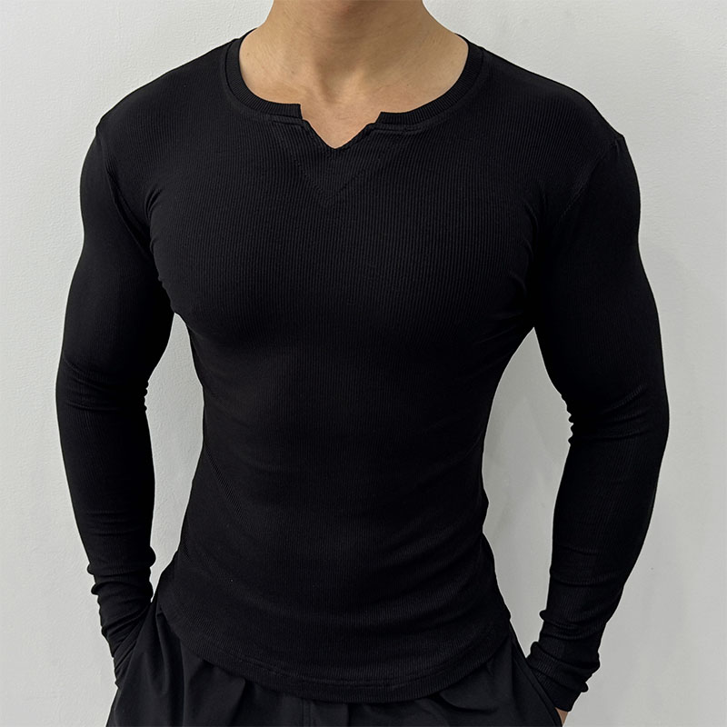 V领长袖男士质感条纹紧身衣秋冬季上衣T恤跑步健身服修身棉打底衫