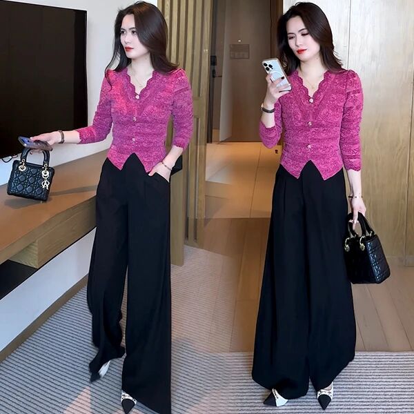 秋季新款时尚套装洋气V领气质蕾丝衫减龄百搭显瘦复古长袖上衣潮