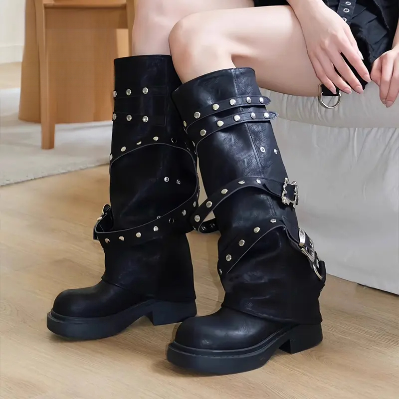 JINGXI复古辣妹铆钉裤管靴2025春季新款圆头显瘦长筒靴小众骑士靴