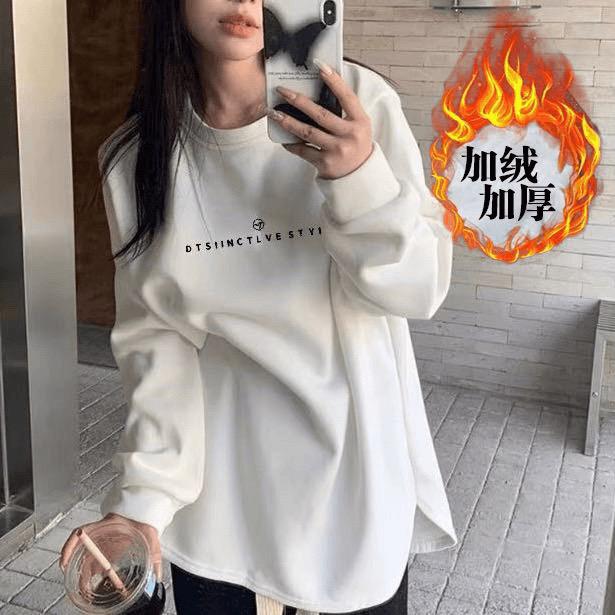 连百搭休闲宽松长袖T恤女秋冬打底大白T上衣圆领内搭字母印花