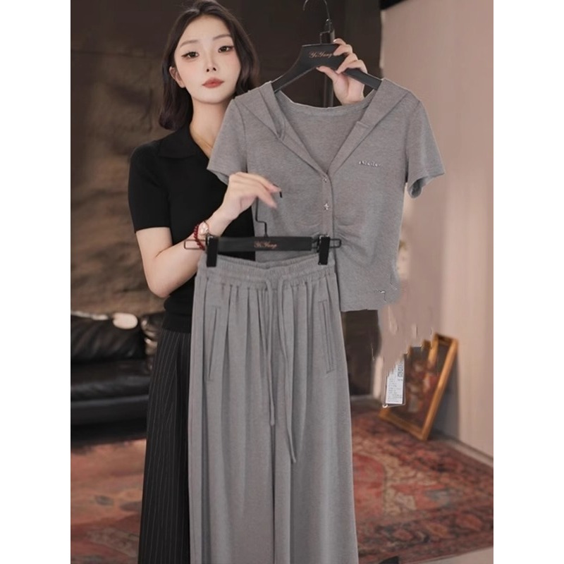 韩系穿搭时尚套装女2025夏季新款简约短袖T恤搭高腰阔腿裤两件套