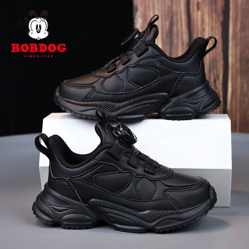 巴布豆童鞋男女童小黑鞋2025秋冬新款黑色皮面防水儿童跑步运动鞋