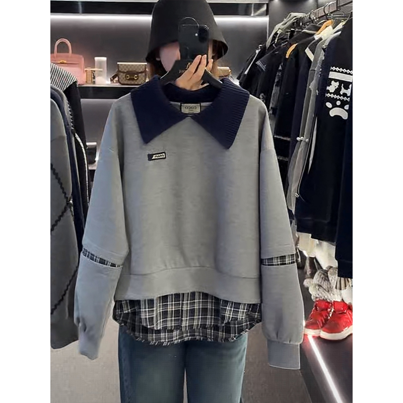 法式气质格子撞色拼接卫衣女冬季新款Polo领长袖假两件减龄上衣潮