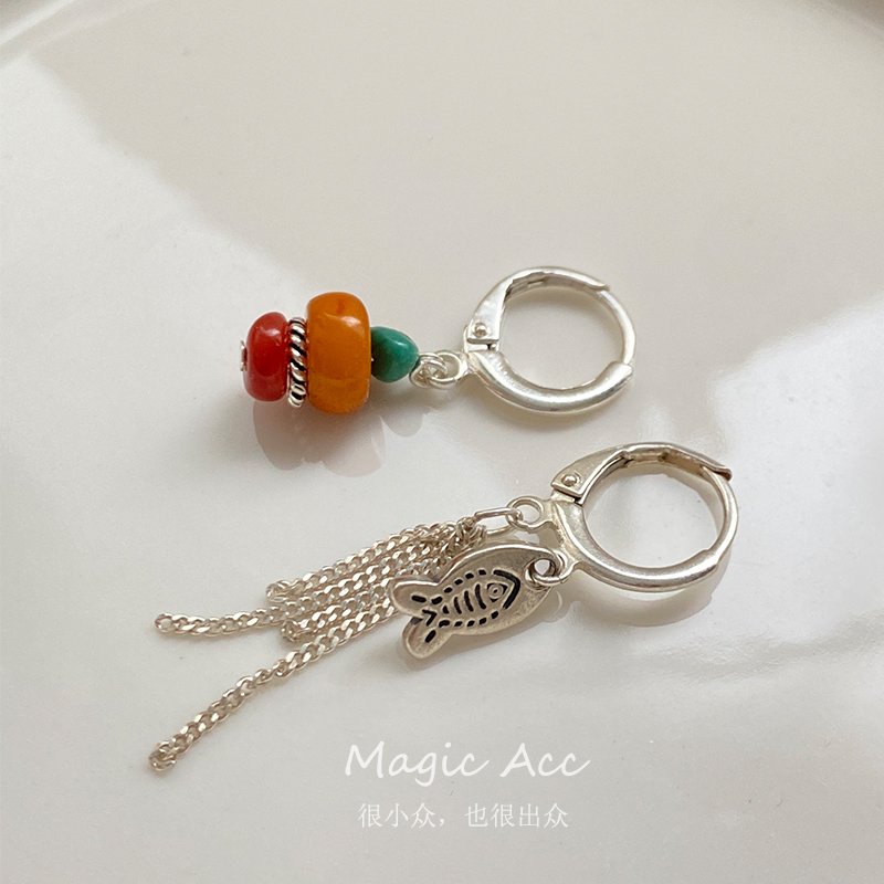 【喜鱼】原创设计新中式复古个性不对称流苏耳环耳圈民族