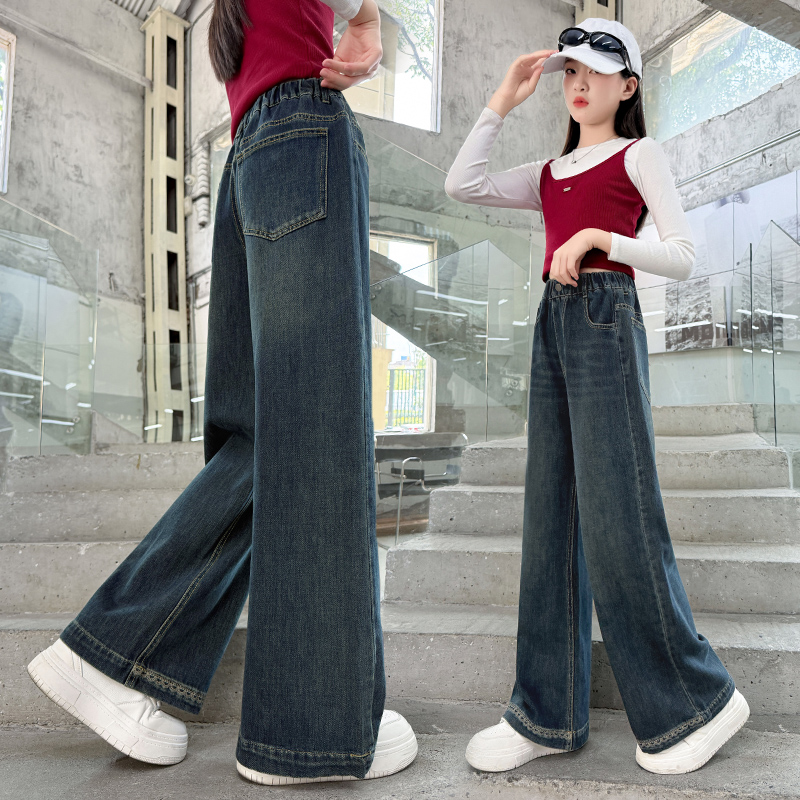 女童裤子春秋外穿2025新款中大童女孩休闲直筒阔腿秋季儿童牛仔裤