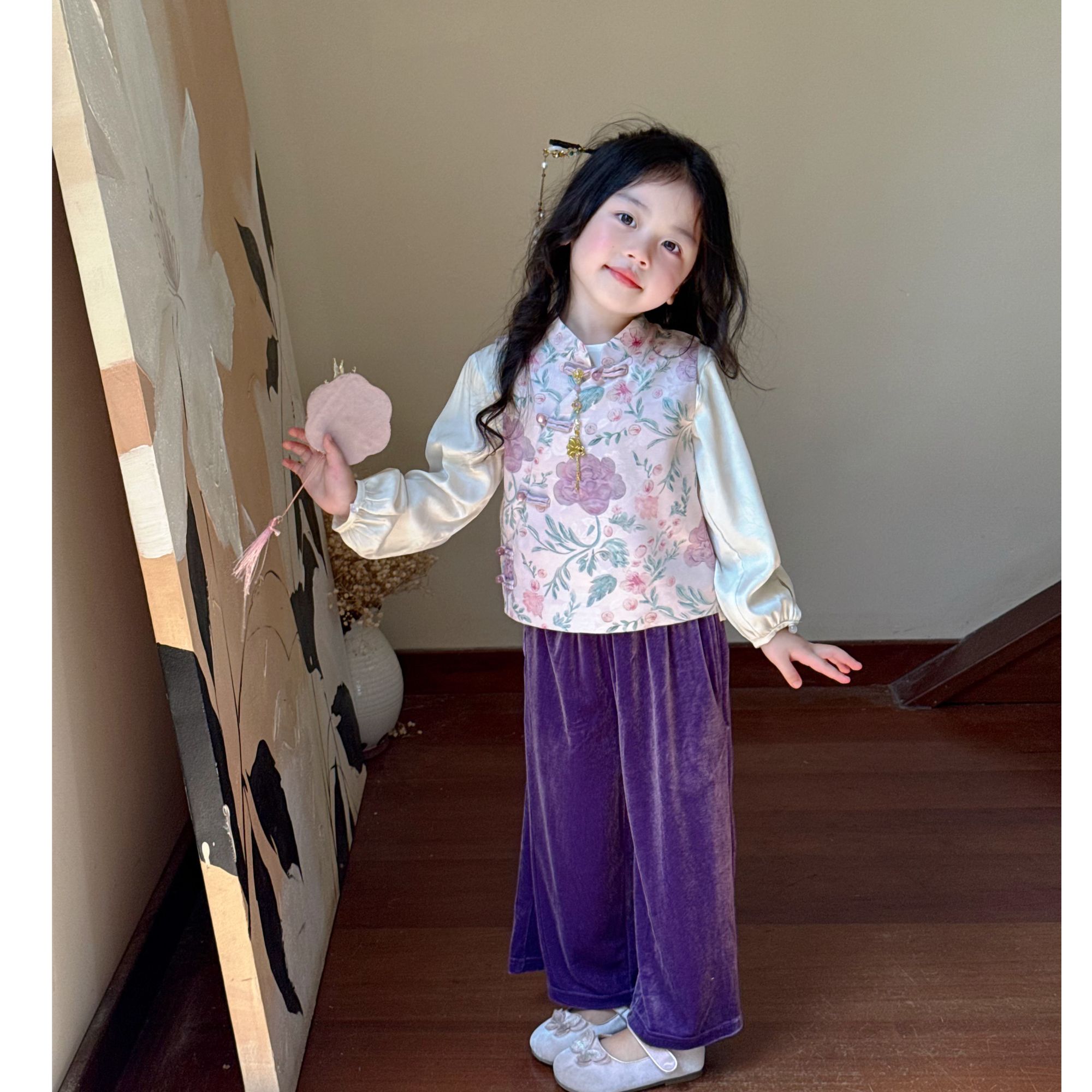 壹妈童装秋季新款中国风女童新中式国风唐装马甲丝绒裤子套装