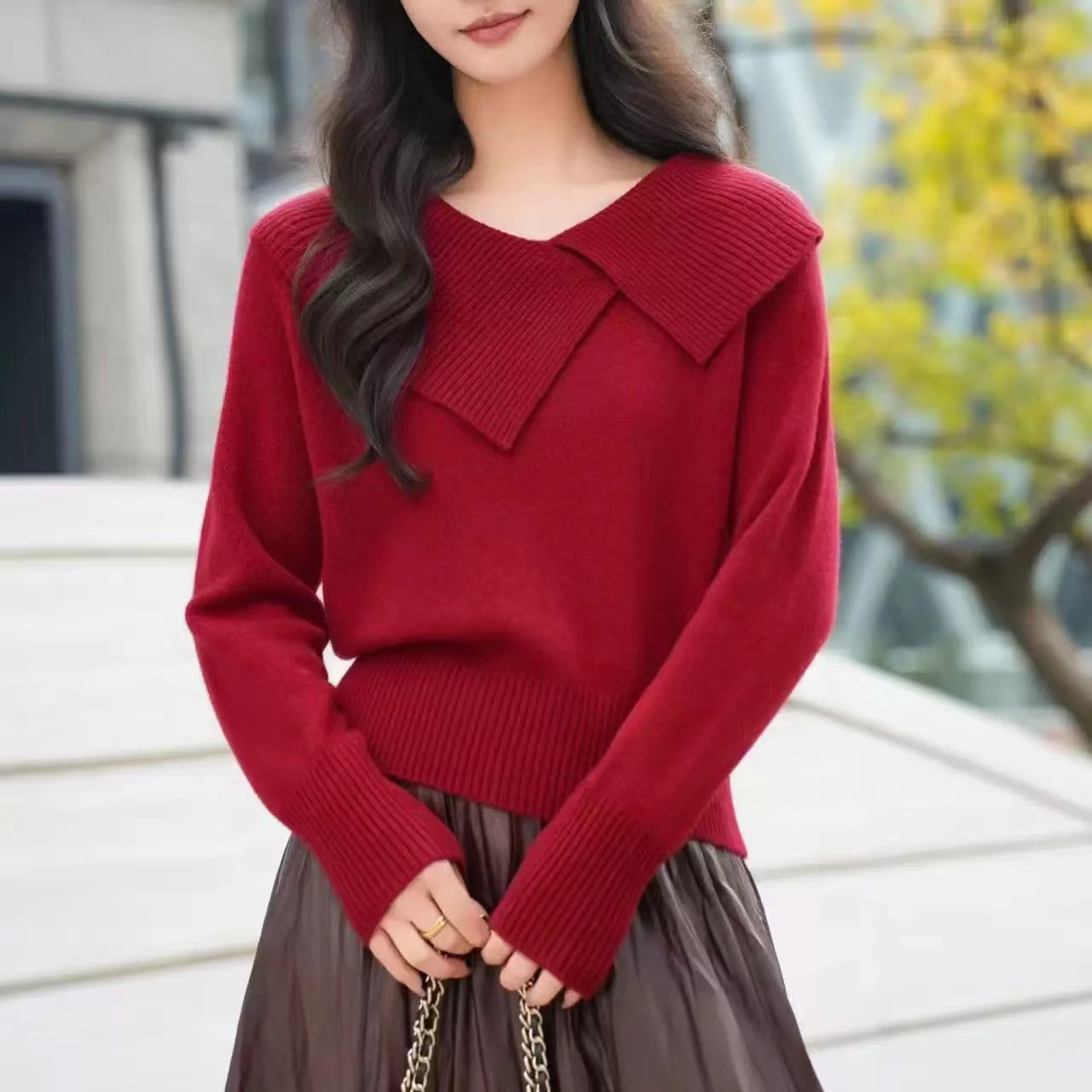 先利专属秋冬法式大翻领长袖百搭气质针织衫