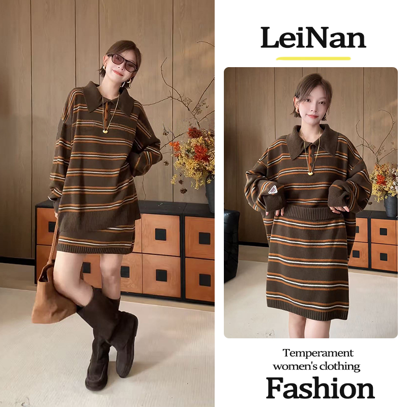 2025秋冬新款韩系慵懒风polo领宽松条纹长袖毛衣针织半身裙两件套