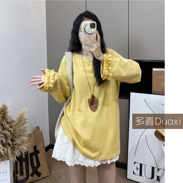 【Duoxi】"花边大T"G542# 雪花棉长袖圆领上衣宽松花边T恤