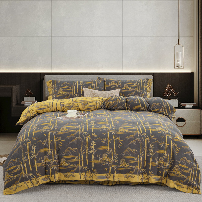 良品绘【竹报平安-黑金】全棉纯棉双层纱床单被罩四件套柔软亲肤/