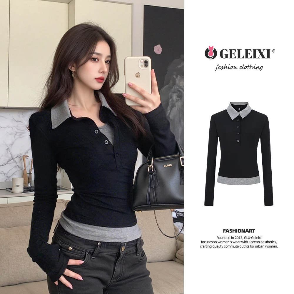 2025秋冬新款polo领假两件长袖上衣女修身收腰t恤v领内搭打底衫女