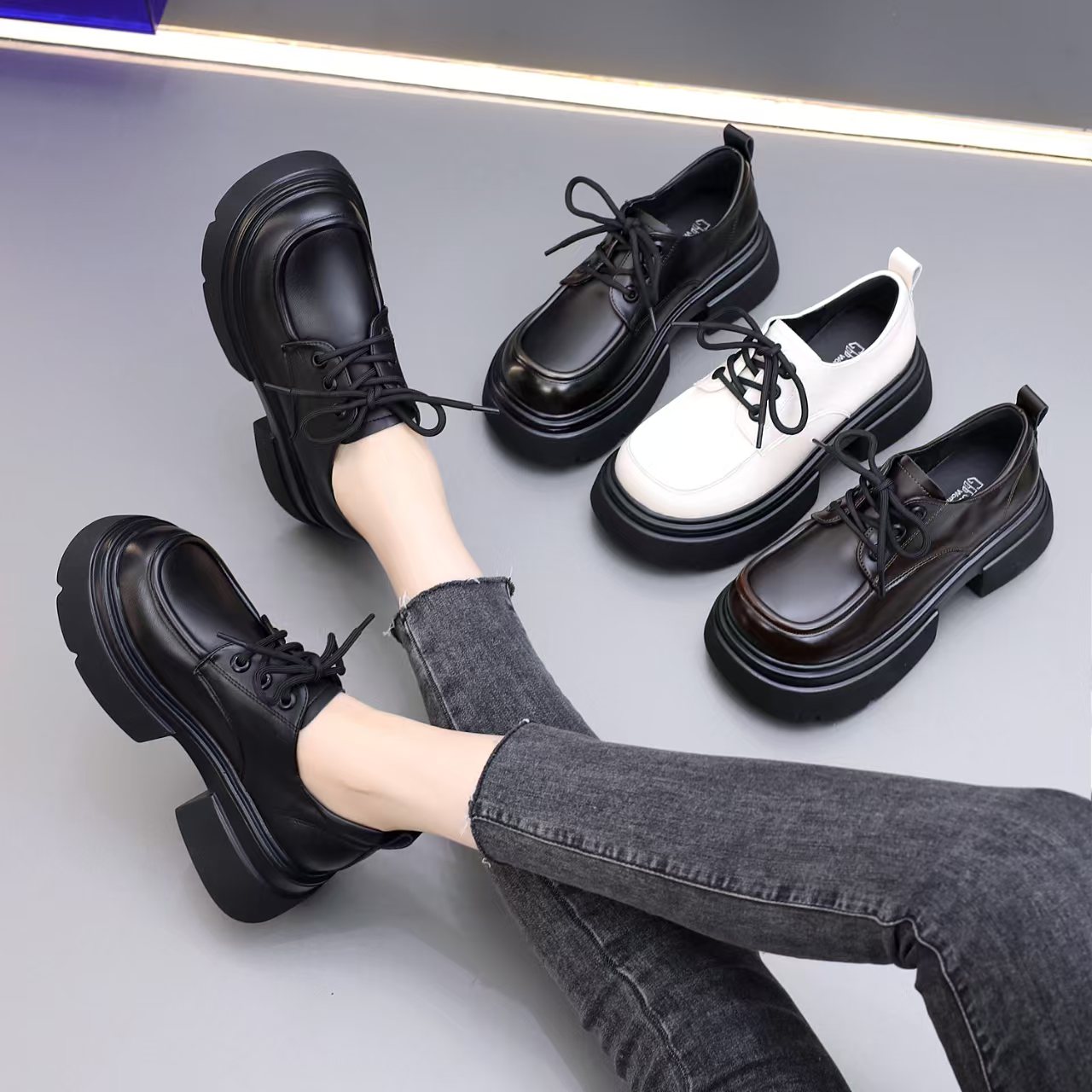 乐福鞋女2025年春季新款圆头厚底浅口增高防水防滑系带单皮鞋