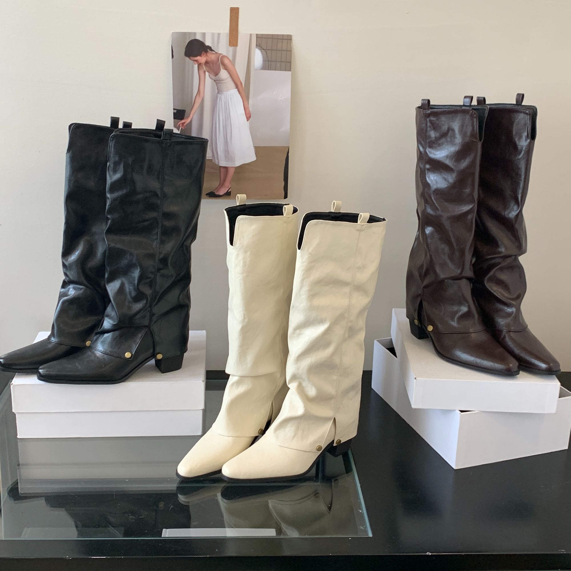 辣妹风尖头粗跟不过膝长筒靴女时尚气质显瘦裤管靴西部牛仔骑士靴