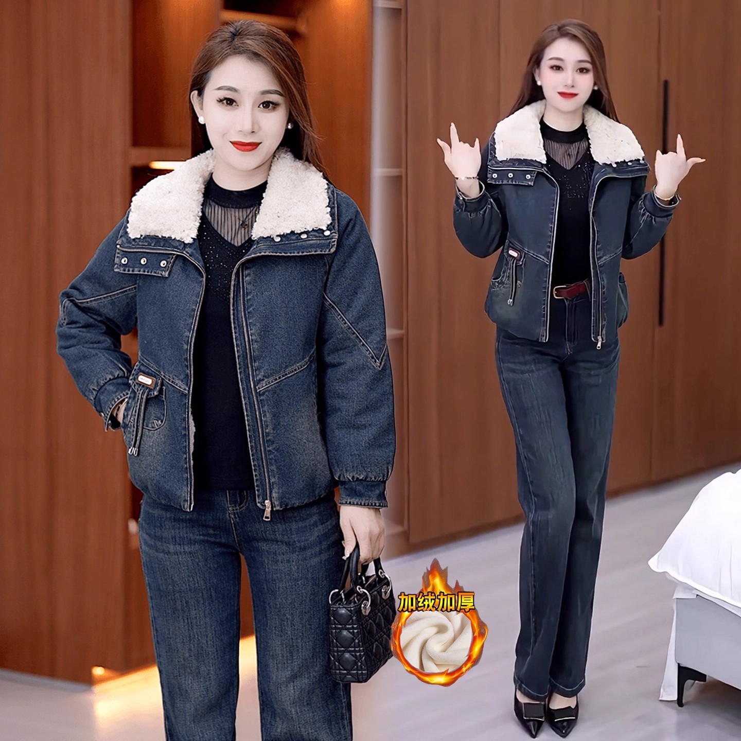 加绒加厚牛仔短外套女2025冬季新款韩版宽松毛领夹克减龄百搭上衣