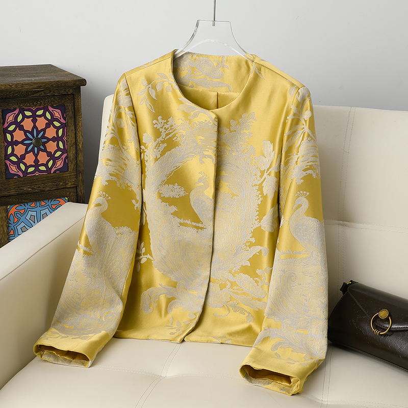 【孔雀东南飞】新中式云锦缎对花提花圆领短外套高端轻奢上衣女526