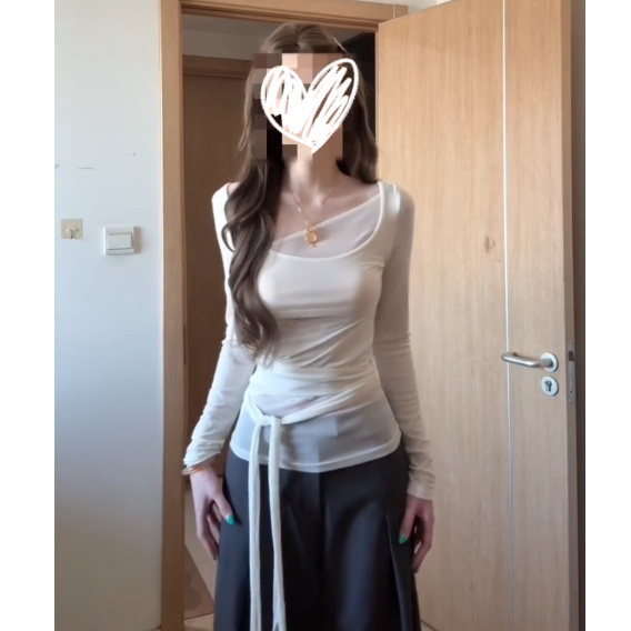 设计感纯欲不规则系带长袖T恤女早秋独特漂亮修身显瘦百搭小上衣