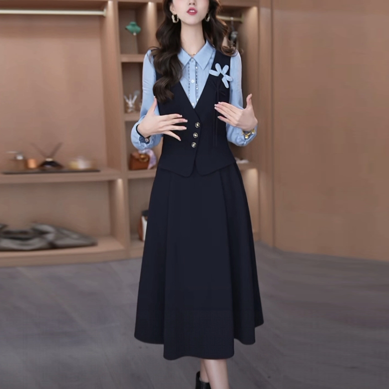 丽丝精纺洋气衣服女2025秋季新款长袖气质时尚拼接假两件连衣裙子