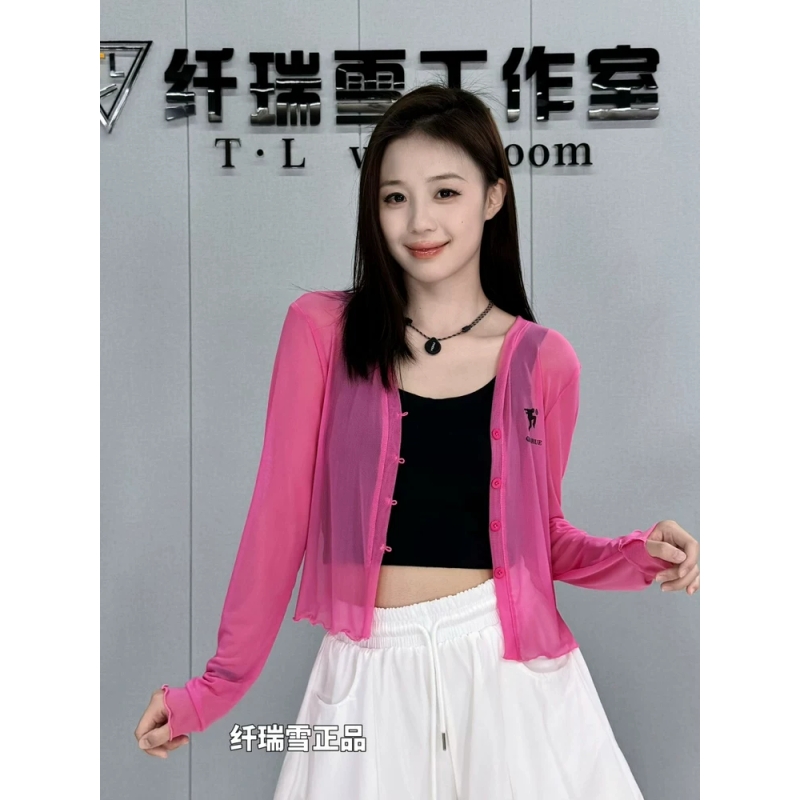 纤瑞雪正品网纱小开衫女微透薄款长袖2025新款跳舞外搭广场舞上衣