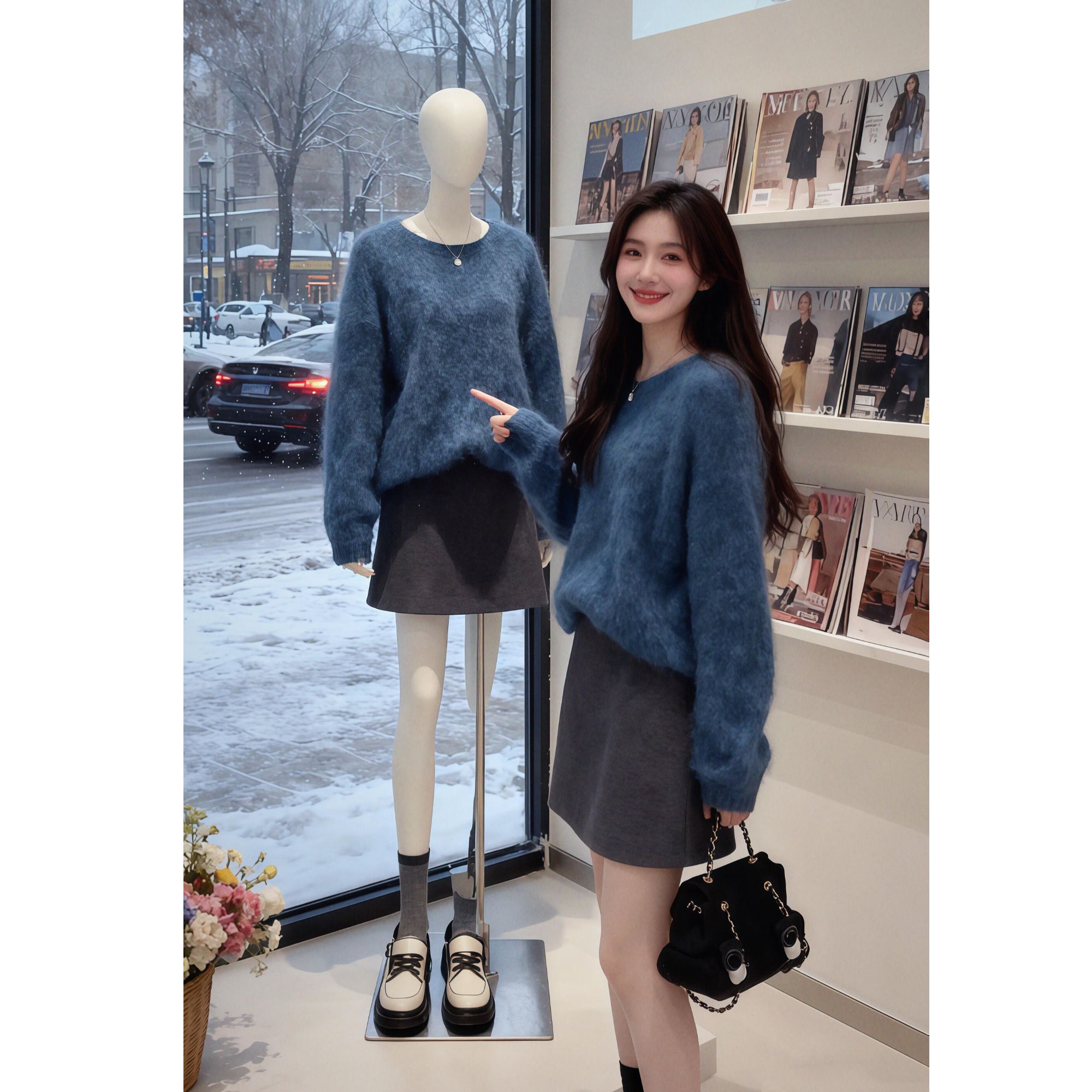 韩系慵懒高级感藏蓝色毛衣洋气独特超好看显瘦针织衫半身裙两件套