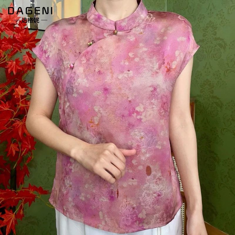 新中式斜襟盘扣上衣女夏季2025新款国风气质立领小衫修身百搭T恤