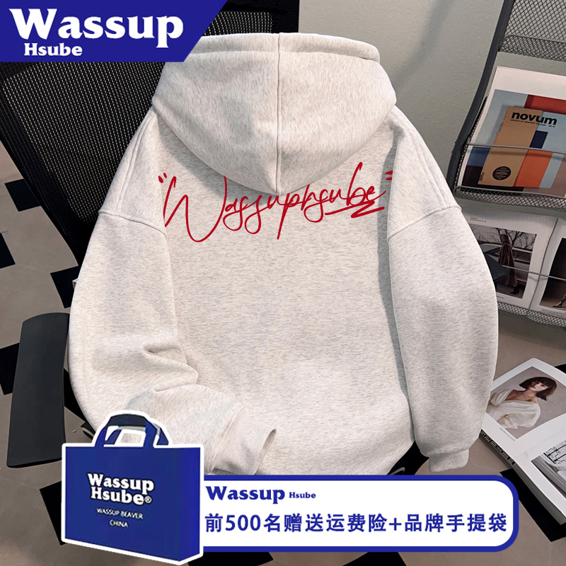 WASSUP HSUBE秋冬季男女款连帽套头款卫衣美式英文印花白灰色上衣