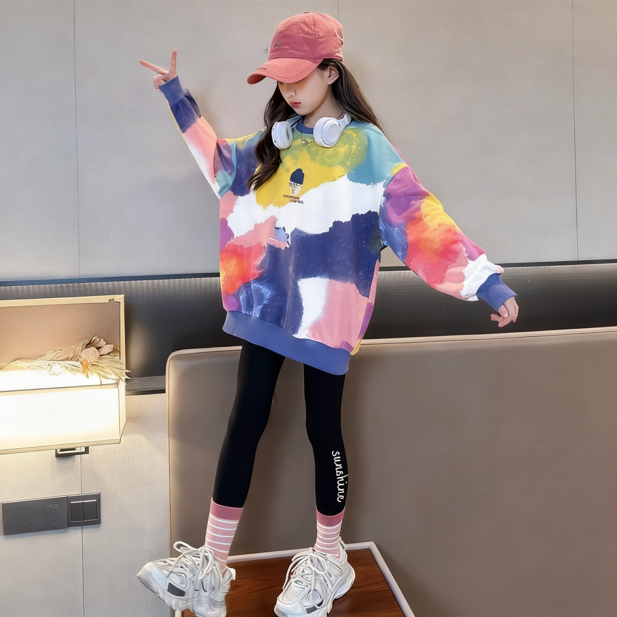 女童秋冬潮款卫衣6-12岁15岁中大童洋气扎染圆领百搭儿童加绒上衣