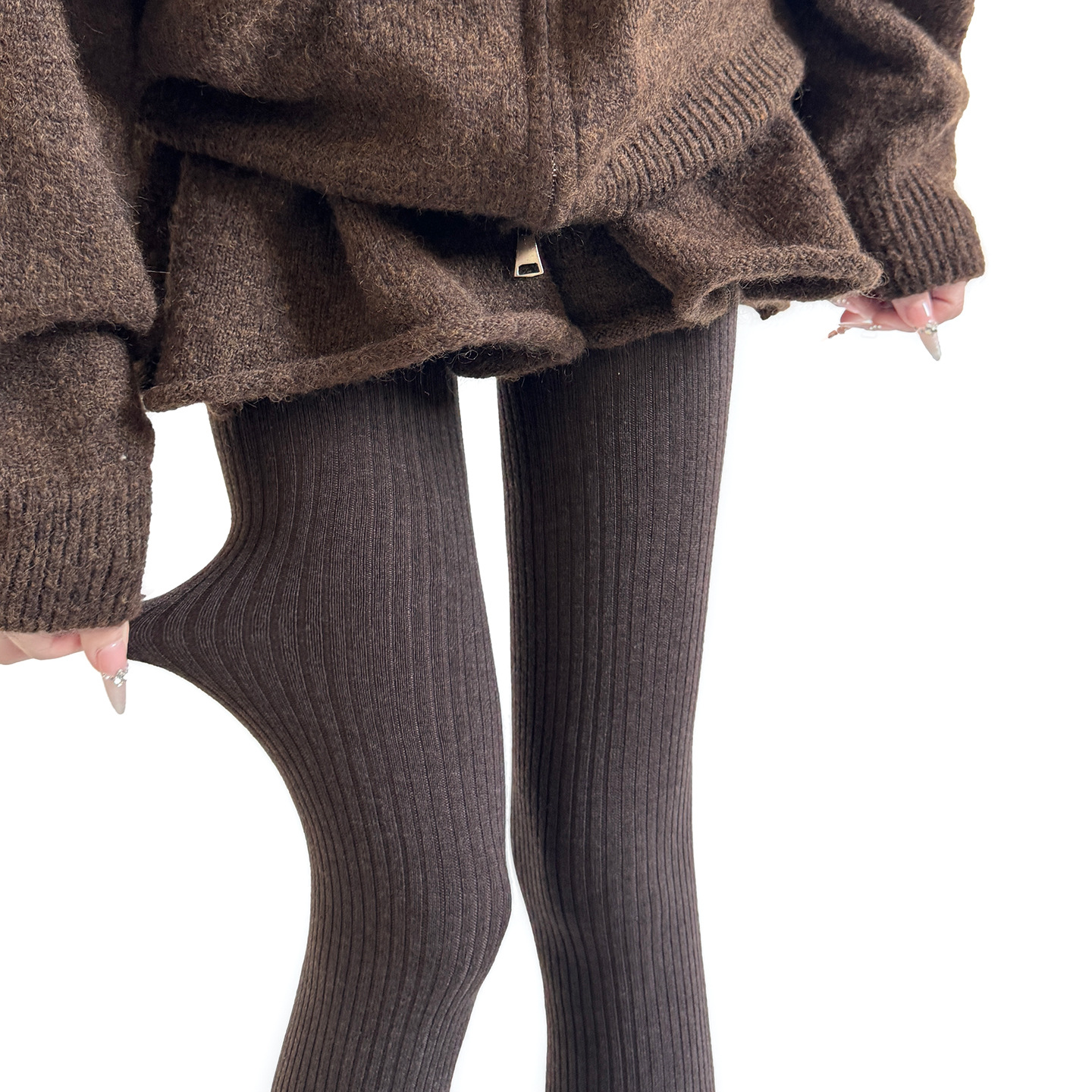 秋冬竖纹保暖加绒羊毛打底裤咖色百搭简约拉绒连裤袜灰色踩脚袜裤