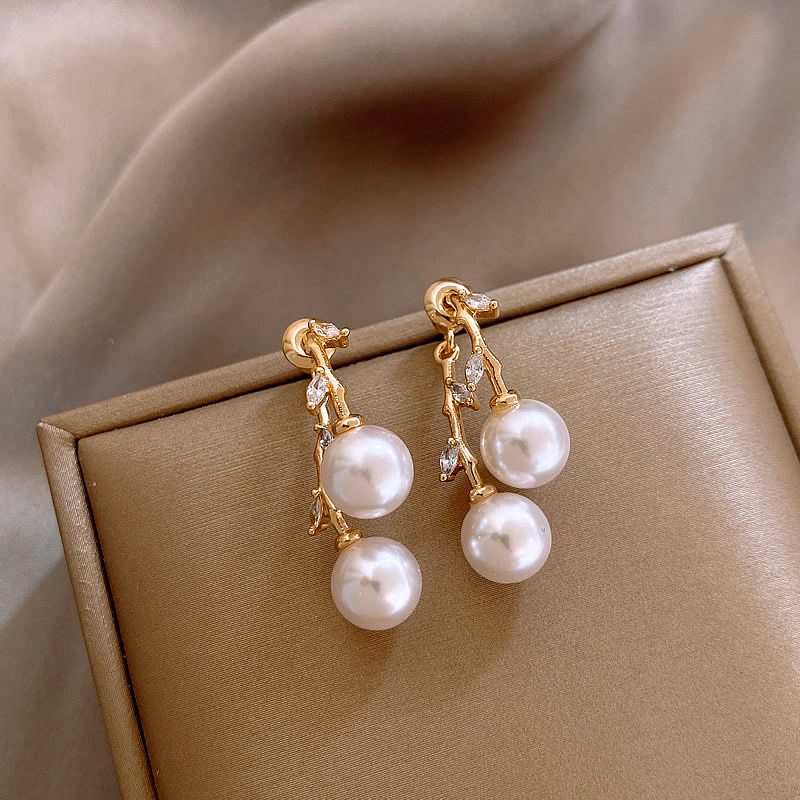 金色锆石交叉珠珠耳钉独特轻奢设计感两戴耳环小众气质精致耳饰品