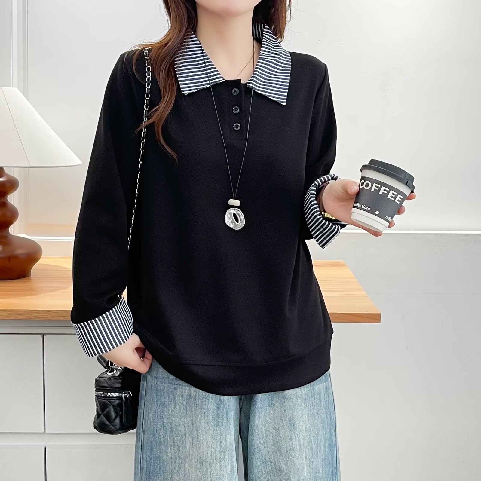 长袖卫衣女大码秋季新款胖mm遮肚时尚减龄翻领条纹拼接假两件上衣