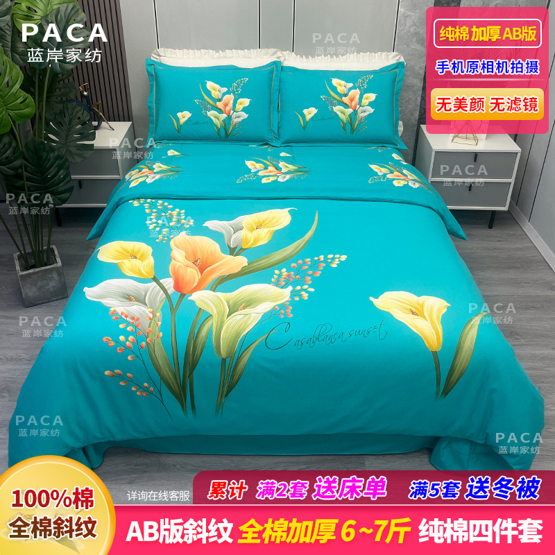 纯棉加厚全棉四件套纯棉100%棉全棉斜纹AB版大版印花秋冬双人床品