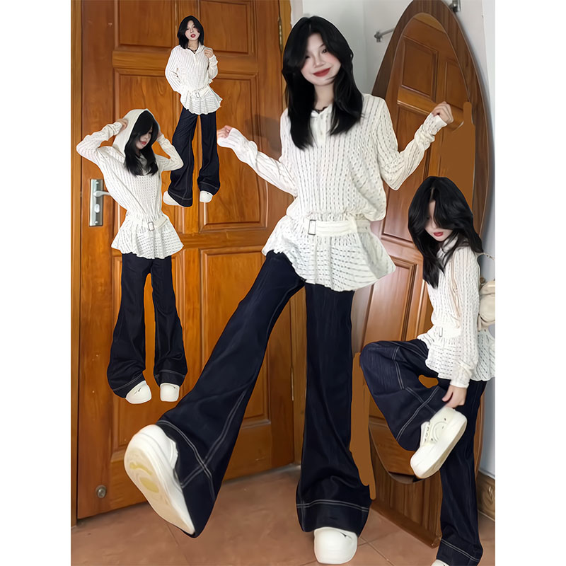 法式镂空纯欲女早秋季2025年新款设计感宽松连帽上衣显瘦牛仔裤