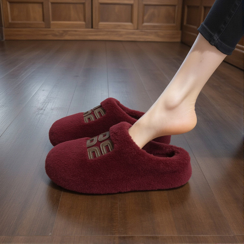 【羊羔绒】厚底毛毛拖鞋女外穿2025新款秋季红色字母加绒保暖棉拖