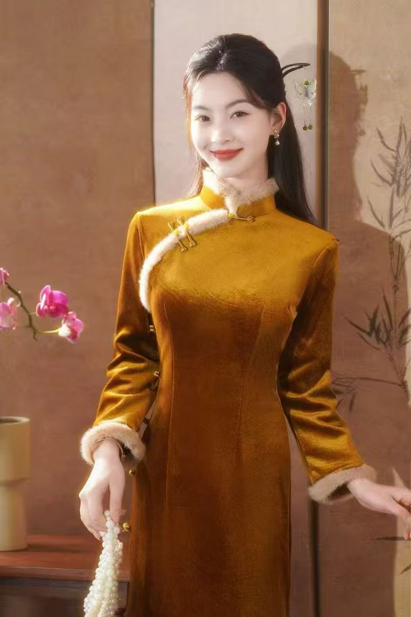 【金色美人】中国风高端冬季显瘦时尚中长款修身弹力加绒旗袍A26