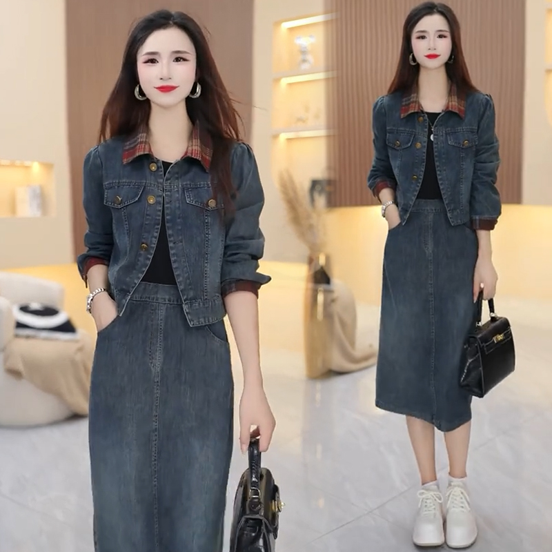 时尚牛仔套装裙女士2025秋季新款洋气显瘦复古短外套连衣裙两件套